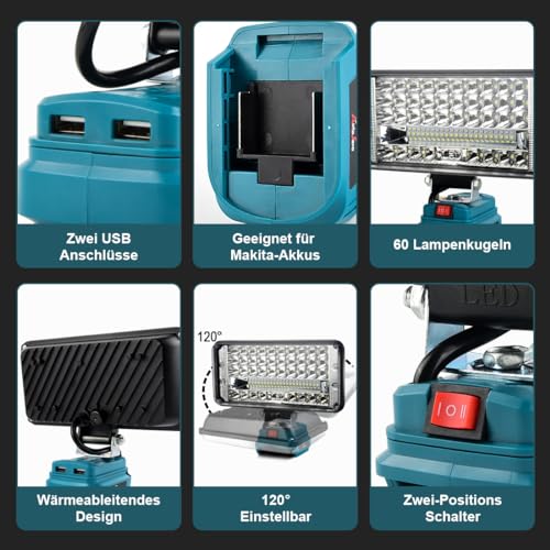 AUTOJARE Akku Lampe für Makita 18V 90W Kabellose Led Arbeitsleuchte Akku 7500LM Tragbares Flutlichter 2 Helligkeitseinstellungen Baustellen Lampe mit 2 USB-Aufladung (kein Akku)