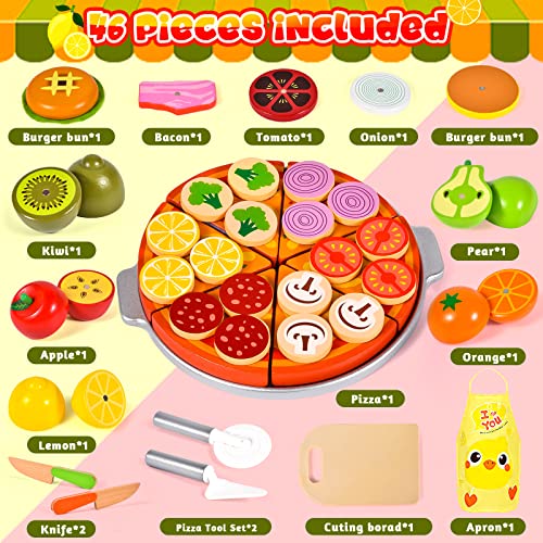 Atoylink Kinderküche Holzspielzeug Spielküche Zubehör Küchenspielzeug Lebensmittel Holz mit Pizza Gemüse Obst Schürze Montessori Rollenspiele Weihnachten Geschenk für Kinder 3 4 5 6+ Jahre – Bild 3