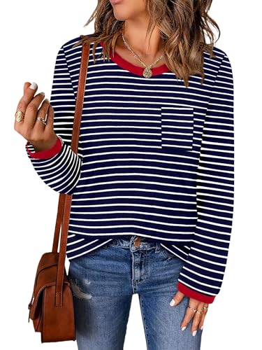 ONLYSHE Women's Casual Striped Long Sleeve Tops Crew Neck Knit Basic Loose Fit T Shirts Fall Fashion Tunic Outfits
