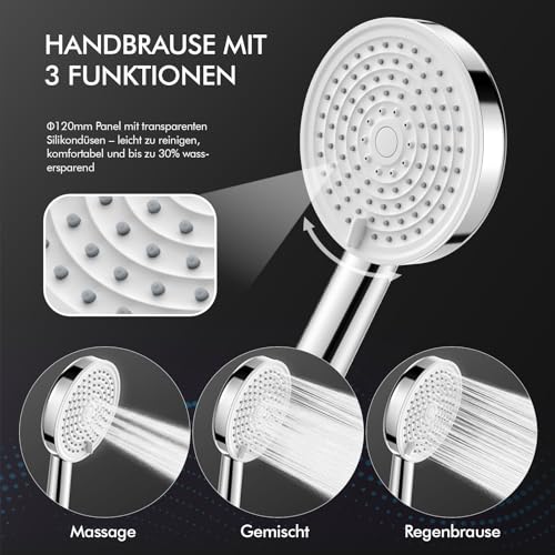 HOMELODY Regendusche Duschsystem ohne Armatur, 300mm Rund Regendusche Edelstahl Duschset, Höhenverstellbar, 3 Strahlarten Duschkopf, Duschsystem, Duschsäule Duschset für Dusche