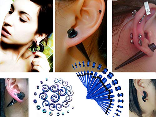 JDXN 64 PCS Acrylic Spot Gauge Kit Spiral Tapers Tunnels Plugs 14G-00G Ear Stretching Starter Set Jewelry (Dark Blue)
