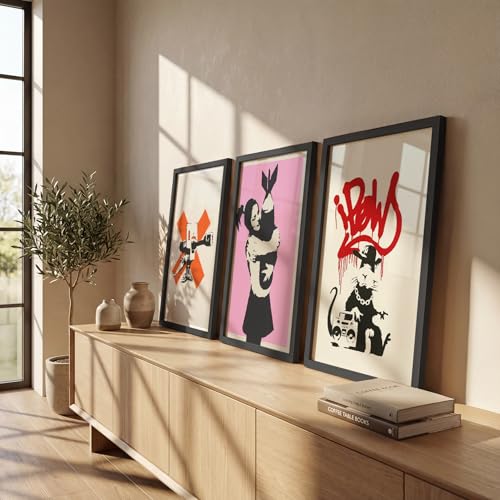 Image of NoWorries Urban Street Art Wall Painting Set | Modern Graffiti & Abstract Posters | Aesthetic Art Decor Premium 300 GSM Paper Print | Synthetic Wooden Frame Wall Decor for Living Room, Bedroom & Office (Pattern-illustration) (Set of 3) (BLACK, ART-1, 13X19INCHES)