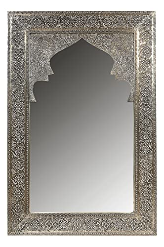 Miroir mural Talah oriental - 90 cm - Argenté - Grand miroir de couloir marocain avec cadre en bois décoré oriental - Miroir de salle de bain vintage oriental sans éclairage comme décoration orientale