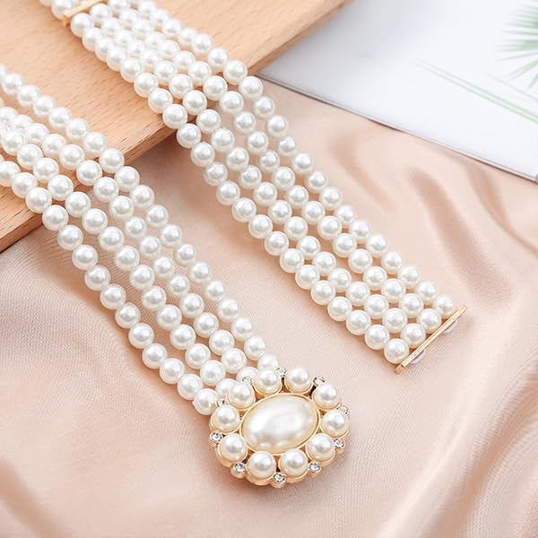 Rhinestones Faux Pearl Belts Pearl Gold Elastic Buckle Belts, Pearl Waistband Dress Clothes Accessories for Women Elegant Rhinestone Waistband for Dresses Suit - Image 6