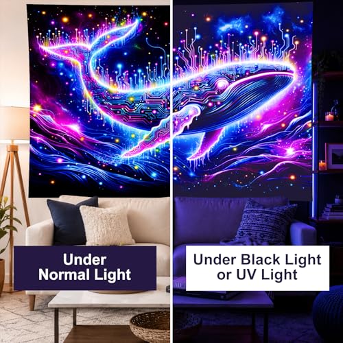 Image of BlissYard Blacklight Tapestry Glow In The Dark Tapestry UV Reactive Tapestry 78x59 Inches Cosmic Whale Fluorescent Wall Hanging with Neon Circuitry Tapestry for Bedroom Space and Technology Theme