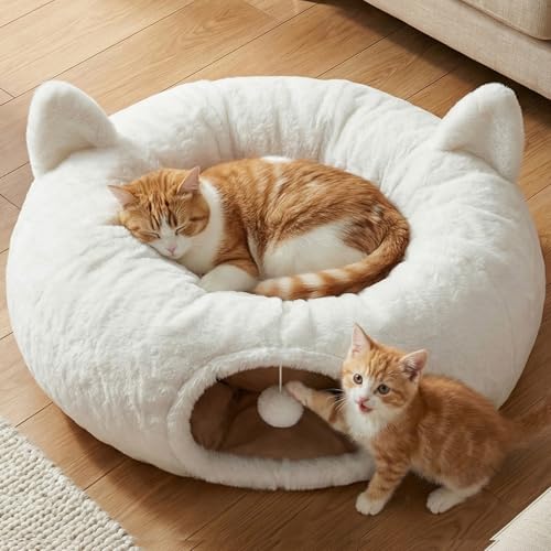 Fayavoo Katzentunnel Rund Weiß mit Katzenbett Weicher Plüsch Katzen Donut Tunnel Spielzeug mit Waschbarem Kissen Peekaboo Katzenhöhle Spieltunnel XXL für Indoor Katzen & Haustiere
