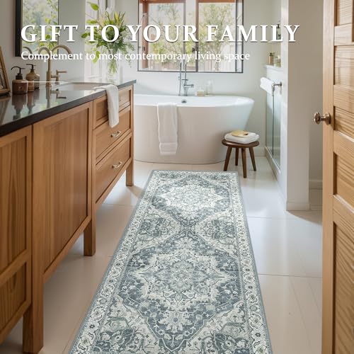 Deerly Vintage Runner Rug 2x6 Hallway Runners Boho Non-Slip Entryway Throw Rug Non-Slip Washable Low-Pile Floor Carpet for Indoor Front Entrance Kitchen Bathroom, Canal Blue/Multi