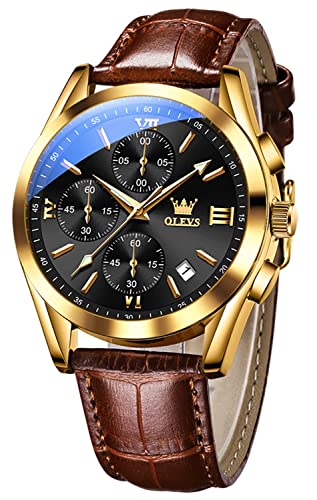 Image of OLEVS Men's Wrist Watch Waterproof Men Analog Quartz Lightweight Brown Leather Strap Father's Day Gift Gentleman Date Day, black 2872, Classic