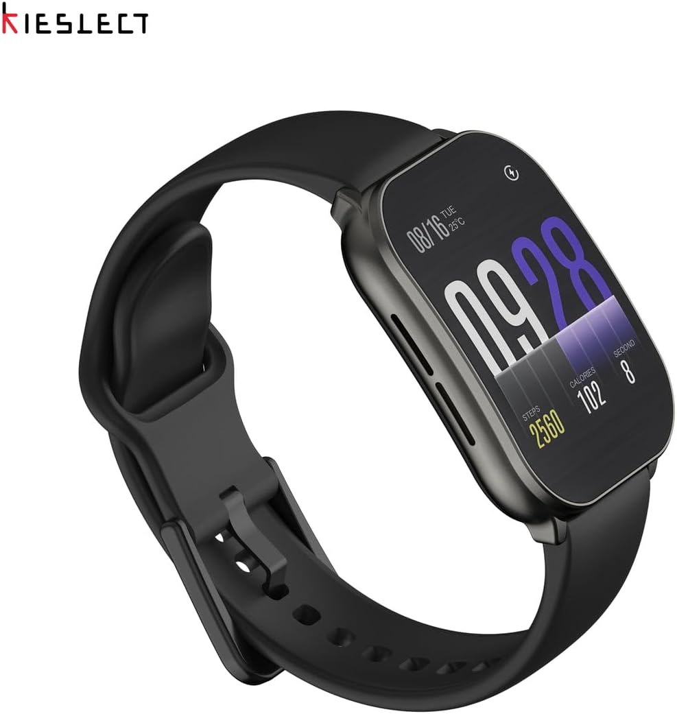 Close-up of the Kieslect Smartwatch display showing time, date, temperature, steps, and calories. The watch has a black strap and a rectangular face.