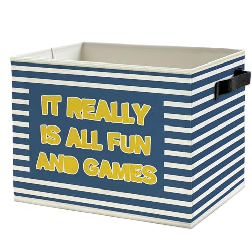 Image of Funny Kids Nursery Playroom Storage Bins Box with Handles, It Really is All Fun and Games Blue Striped Collapsible Basket Organizer for Boys Toddler Kids Bedroom Bathroom Books Clothes
