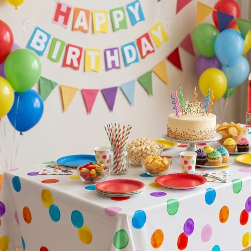 Image of Blue Orchards Polka Dots Table Cover (Pack of 3) 108 inch x 54 inch - Colorful Birthday Party Table Decoration, Bright Accent and Backdrop, Gift Wrap, Multi Purpose Party Decor