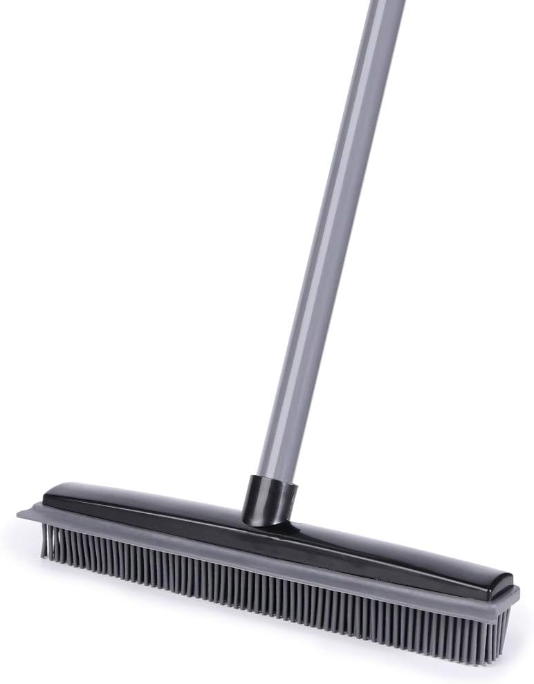 Push Broom, Soft Bristle Rubber Sweeper Squeegee Edge with 59 inches Adjustable Long Handle, Non Scratch Bristle Broom for Pet Cat Dog Hair Carpet Hardwood Floor Tile Windows Cleaning (Black)