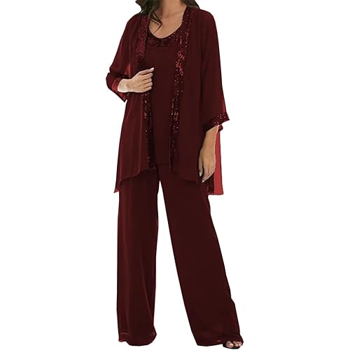 3 Pcs Mother of The Bride Dresses Pantsuit for Wedding 3/4 Sleeves Formal Pants Outfit with Jacket
