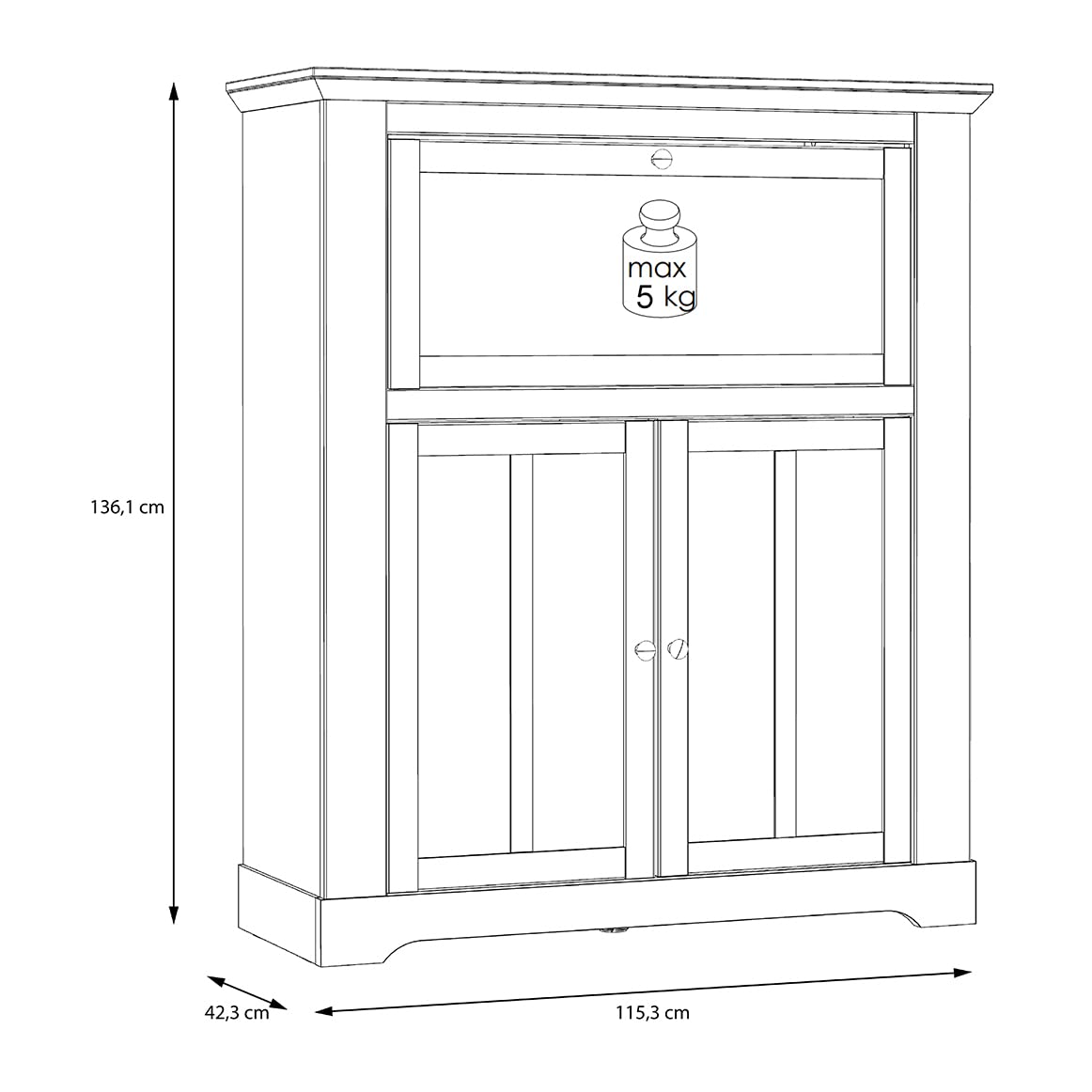 Mueble Bar 115 cm 1 tapa 2 puertas asas metal decoración roble claro blanqueado estilo clásico chic y campo - Ángele