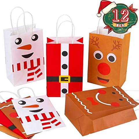 12 PCS Christmas Gift Party Bags Small Christmas Paper Party Bags with Handles Christmas Eve Party Treat Bags Small Xmas Gift Goodie Bags for Christmas Decoration Cover