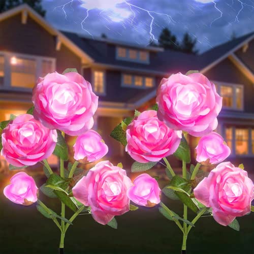 Lampe solaire fleur extérieure étanche avec 10 roses roses décoratives pour allée et pelouse