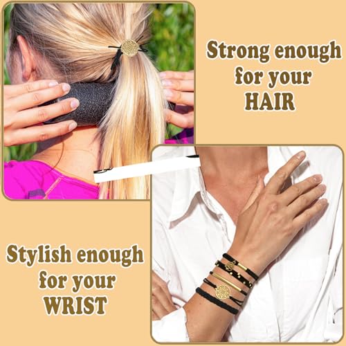 Hair Tie Bracelets for Women, Set of 5 Stylish Dual-Use Bracelet Hair Ties Boho Ponytail Holders No Damage for Thick & Thin Hair, Black2