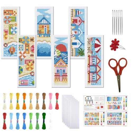 Image of FREEBLOSS 6 PCS Cross Stitch Bookmark Kits for Beginner Summer Beach Scenery Stamped Cross Stitch Kit DIY Embroidery Bookmark Kit with Instructions 8'' x 2.4''