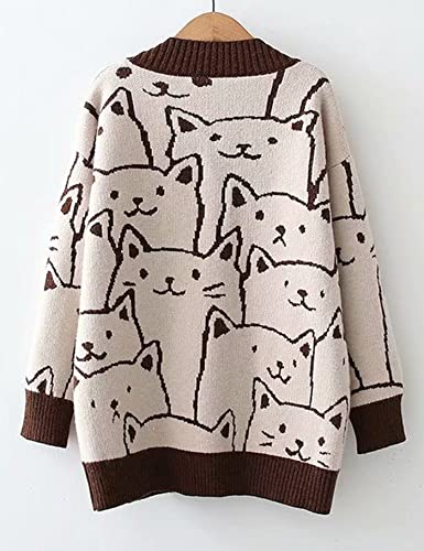 Women's Cat Print Cardigan Sweater Cartoon Oversized Knit Pullover Long Sleeve Vintage Fall Winter Outwear Tops(Brown-Xl) #TOP1