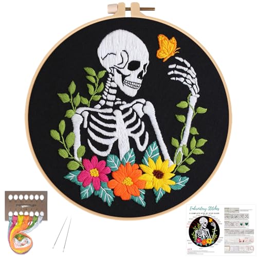 Image of Louise Maelys Halloween Embroidery Kit with Skeleton, Flower and Butterfly | DIY needlepoint kit complete set, the cross stitch kits includes fabric hoop threads needles and instructions
