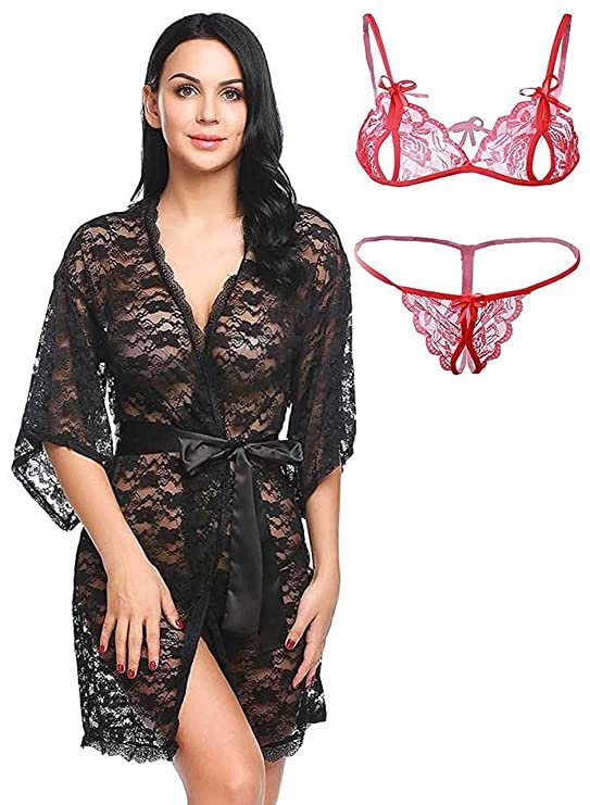 s.k.collection Women Honeymoon Plain/Solid Above Knee Babydoll Lingerie Set with lace Bra Panty Set. Net lace Gown with Bikini Set-picture-12