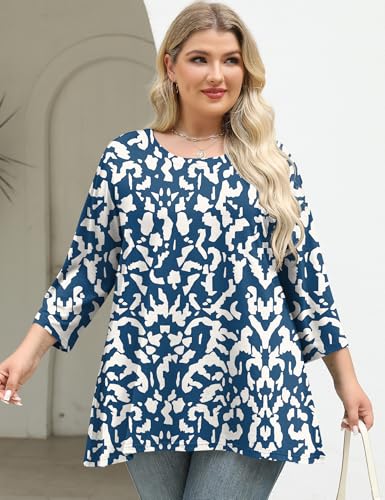 LOMON Womens Plus Size Tops 3/4 Length Sleeve Blouses Crew Neck Business Casual Tunic Tops with Asymmetrical Hem 1X-5X4