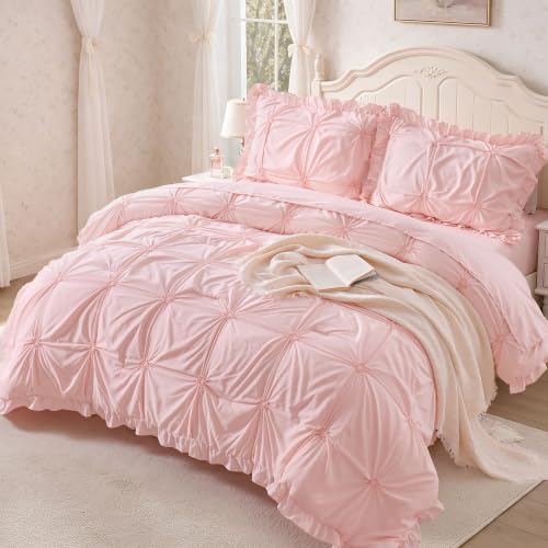 Image of Full Size Comforter Sets for Girls, 5 Pieces Bed in A Bag Full Size Bedding Sets with Ruffles Jacquard Embroidery Comforter, Fitted Sheet, Flat Sheet and 2 Pillowcases, Pink