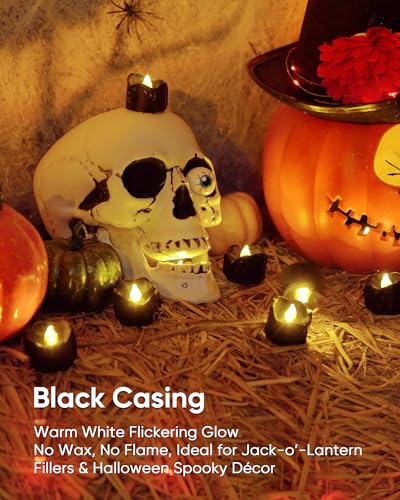 Image of Homemory Black Dripping Flameless LED Tea Lights, 1.58 inch x 1.2 inch Battery Operated Flickering Fake Candles, 200+ Hours Electric Votive Tealights for Wedding, Halloween, Christmas Centerpieces, 12 Pack