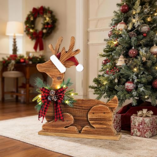 Image of Glitzhome 25.75 inchH Lighted Christmas Reindeer Porch Sign,Chunky Wood Reindeer Porch Decor with Timer,Merry Christmas Welcome Sign for Holiday Party Indoor Outdoor Xmas Decorations