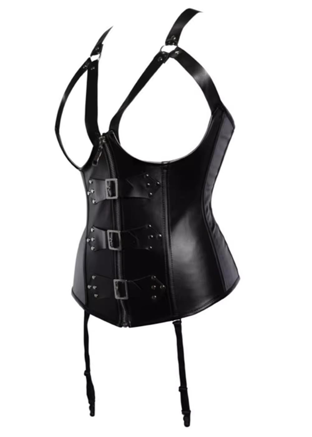 ADELCE Women's Steampunk Faux Leather Bustier Halter Shoulder Straps Underbust Corset Top: X-Large Black-05