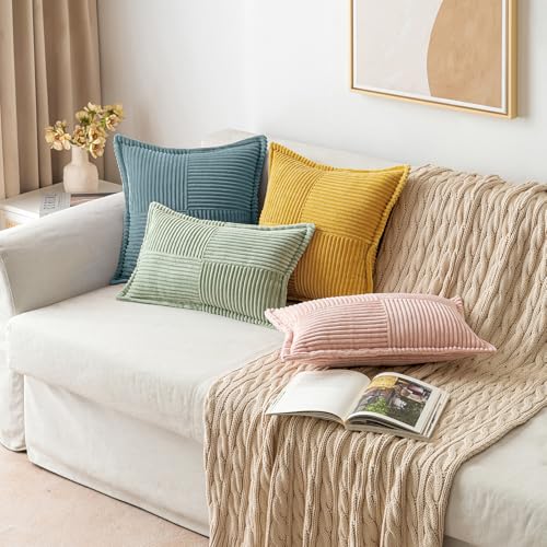 Image of MIULEE Decorative Lumbar Throw Pillow Covers for Couch Bed Livingroom 12x20 Inch Set of 2 Gold Boho Accent Throw Pllows Broadside Striped Patchwork Soft Corduroy Summer Pillowcases