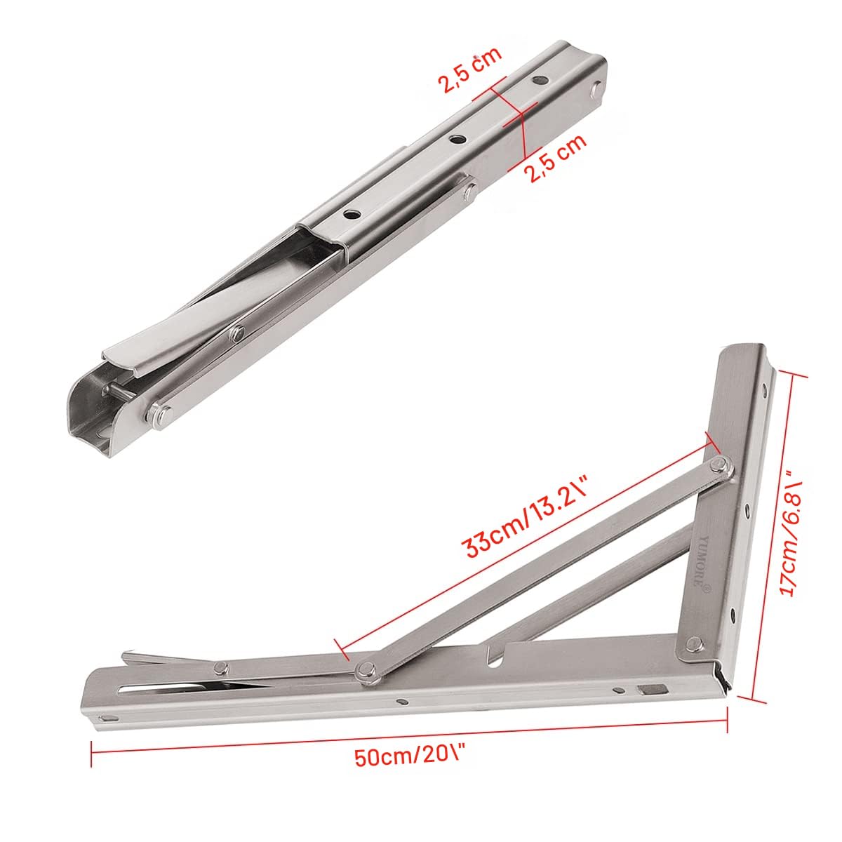 YUMORE Klappkonsole Schwerlast 500mm,Klappregalhalterungen Edelstahl Regalträger Max Load 330 lbs Wandmontierte Schwimmende Tischhalter dreieckige Halterungen für DIY Werkbank Platzsparende, 2er-Pack