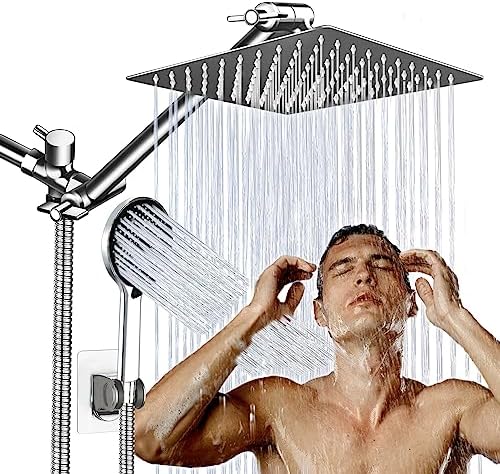 Shower Head,10”Rain Shower Head with Handheld Spray Combo with 11'' Angle Adjustable Extension Arm/Flow Regulator/Shower System,High Pressure Rainfall Shower Head Clean Bathroom,Chrome