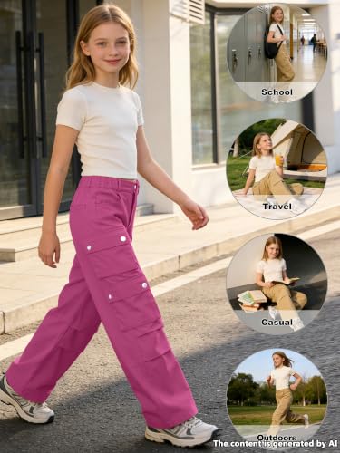 Image of SANGTREE Girls High Waist Casual Y2k Wide Leg Cargo Pants, 4-14 Years
