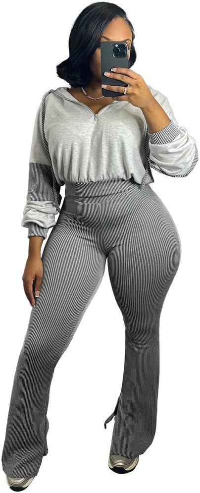 [まんろ] レディース 2ピース アウトフィット ジッパー 長袖 フード付き クロップ スウェットシャツ ベルボトム ロングパンツ