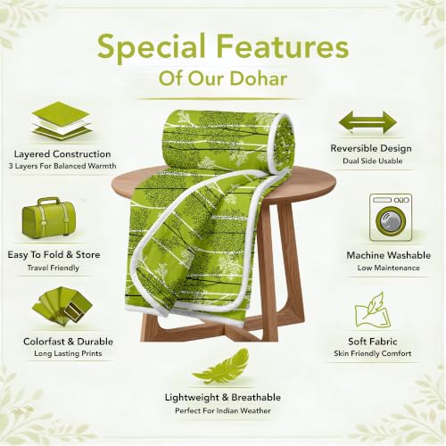 Image of Divine Casa Glace Cotton 120 GSM Reversible Lightweight Printed Single Bed AC Dohar Blanket Quilt - Green and Dark Green| TC - 120