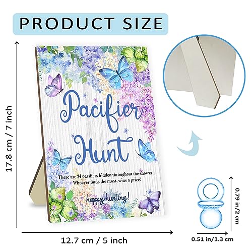 Image of Baby Shower Games Pacifier Hunt Game Games for Baby Shower or Gender Reveal Baby Pacifier Hunt Sign Wooden 50 Blue Acrylic Pacifiers for Party Games Blue Butterfly Design