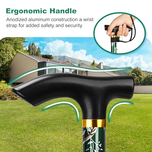 Image of MFE Folding Cane, Portable 5-Level Adjustable Height Walking Stick with Foldable Design, Wrist Strap, and T Handle for Men and Women (Green Floral)
