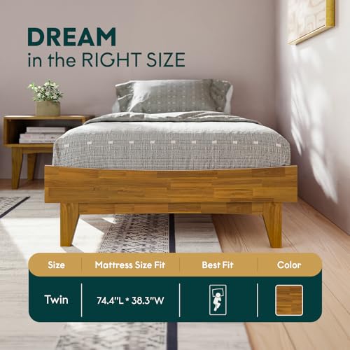 Image of Bme Catherine Twin Platform Bed Frame, Modern Bed Frame Without Headboard, Wooden Low Profile Bed Frame, Acacia Wood Platform Bed Frame, No Box Spring Needed, Supports up to 500lbs - Teak Brown