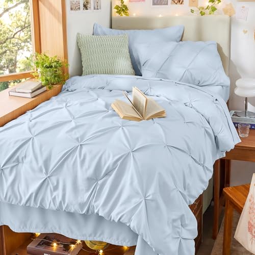 Image of Sasttie Twin Comforter Set, 5-Piece Bed in a Bag, Pintuck Bedding Sets for All Season, Includes Comforter, Flat Sheet, Fitted Sheet, Pillowcase and Pillowsham, Light Blue