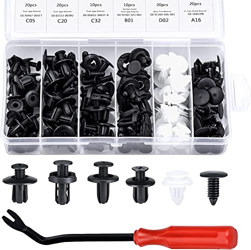100Pcs Rivet Clips Plastique Rivets Plastiques Fixation de Protection avec différentes formes et tailles Universel pour Auto Voitures Panneaux de Portes avec Boîte De Rangement(Noir, Blanc)
