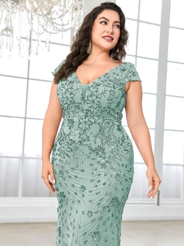 Image of Plus Size Womens Sequined Long Evening Gown Glamous Sleeveless V-Neck Mermaid Prom Dress for Wedding Party