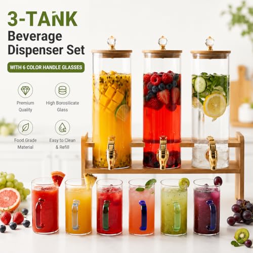 Image of 3 Tank Glass Beverage Dispenser Set with Wooden Stand | 2L Each Juice Dispenser with Tap & Lid + 6 Color Handle Glass Mugs (240ML) | Premium Drink Server for Lemonade, Parties & Home Use