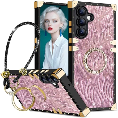 Fofvccv Coque Paillettes pour Samsung Galaxy S26 Plus, Étui TPU Motif Ondulations d'eau Fine avec Anneau Support en Diamant et lanière Strass Housse Antichoc...