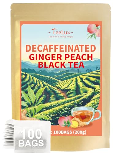 Image of TeeLux Decaf Peach Ginger Black Tea, Decaffeinated Black Tea Flavored with Spicy Ginger & Peach Flavor, Smooth & Full-Bodied, 100 Count