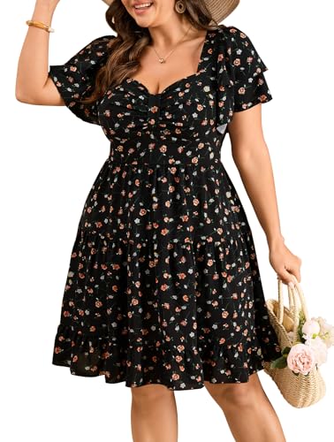 SCOMCHIC Women's Plus Size Summer Dresses Short Sleeve Sweetheart Neckline