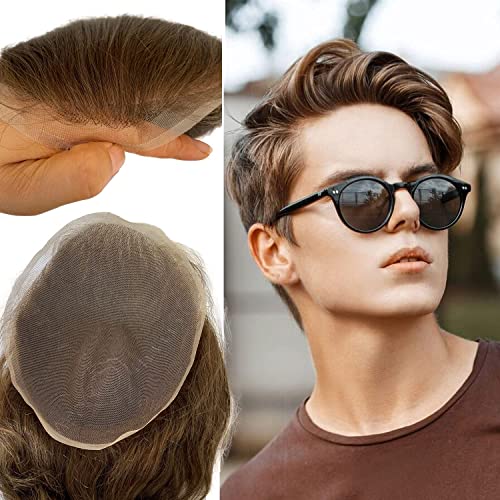Voloria Swiss Full Lace Men’s Toupee European Real Human Hair Replacement for Men Hairpiece #4 Brown Color