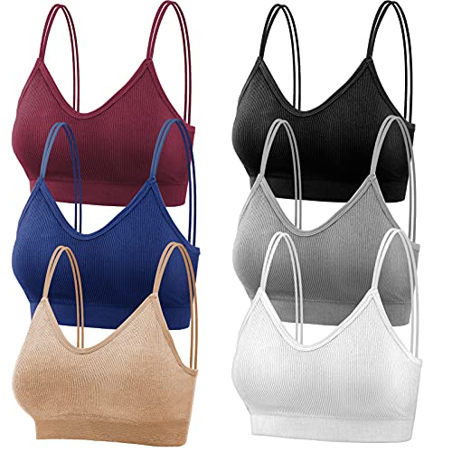 Thrilez 6Pcs V Neck Cami Bras for Women, Camisole Non-Wired Bralettes, Seamless Sports & Sleeping & Home Bra with Double Straps & Removable Pads for Women Girls