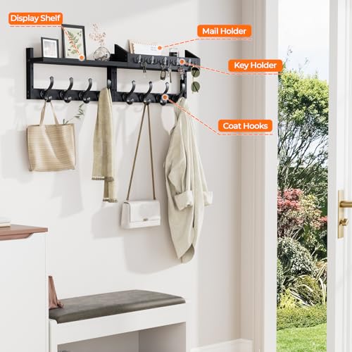 Image of Evermagin 35 inch Coat Rack Wall Mount with Shelf, 4 in 1 Wall Mounted Coat and Key Hanger with 13 Hooks, Entryway Key Holder with Mail Holder for Living Room, Bedroom, Black
