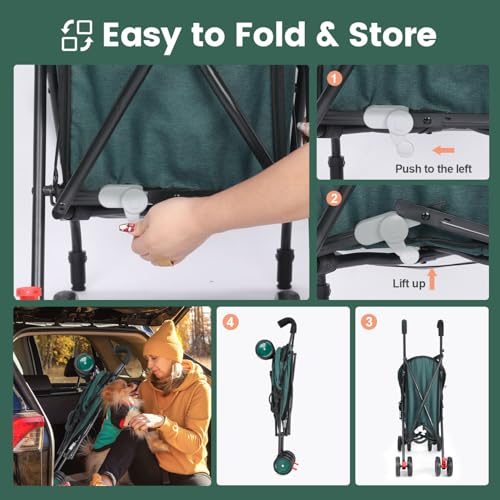 Umbrella Dog Strollers, Pet Pushchairs for Small/Medium Dogs and Cats, Puppy Stroller with Breathable Mesh, 4 Wheels with Universal Front Wheels, Lightweight Carts for Outdoor Travel (Dark Green) - Image 3